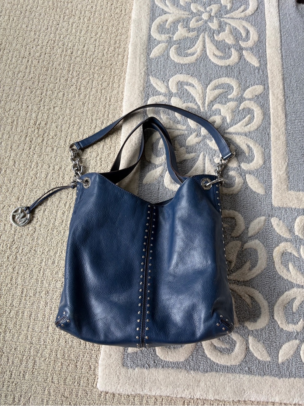 Navy Leather Stud-Trim Shoulder Bag